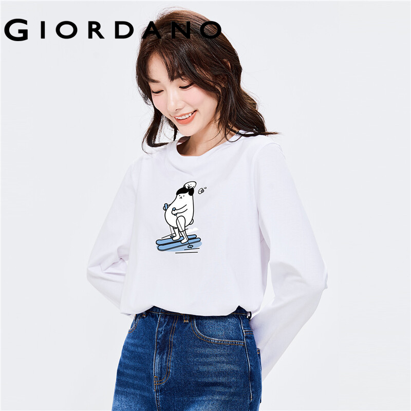 GIORDANO Women Huaxiansheng Series T-Shirts Print Pattern 100% Cotton Casual T-Shirts Long Sleeve Basic Spring Fall Tee 99392103