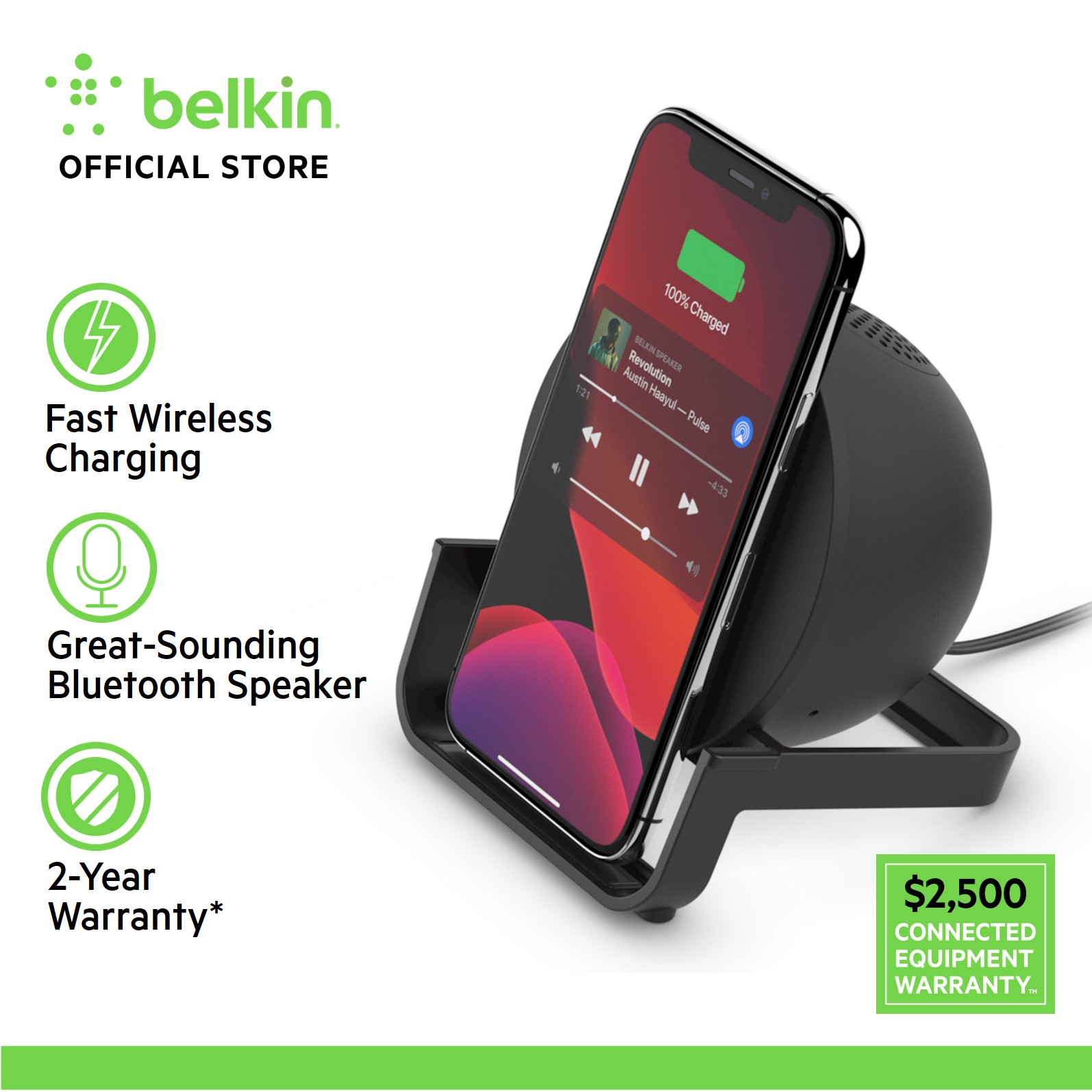 Belkin AUF001my BoostCharge Wireless Charging Stand + Speaker with Power Adapter