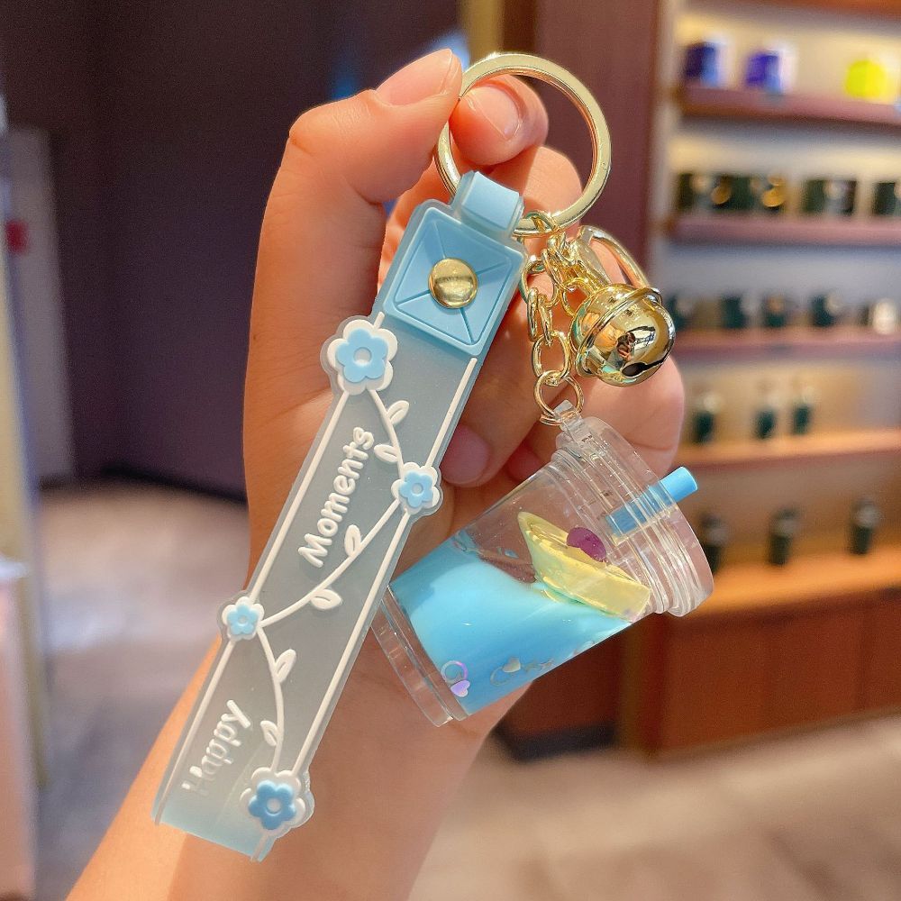 HUIHEYU Into The Oil Moving Key Holder Fashion Jewelry Exquisite Gifts Car Key charms Bag Ornaments Wristlet Keychain Milk Tea Cup Pendant Quicksand Fruit Keychain