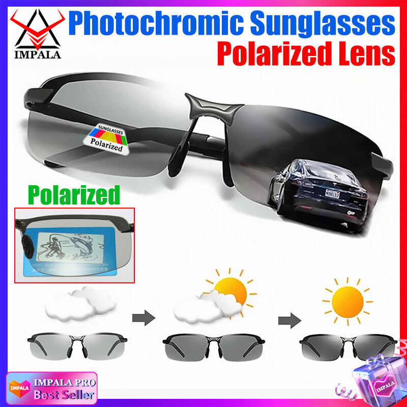 IMPALA PG036W Fashion Men Polarized Sunglasses Metal Frame Photochromic Lens Anti Glare UV Protective Eyeglasses Original Style Korean Sun Glasses UV400 HD Lens Change Color Itself