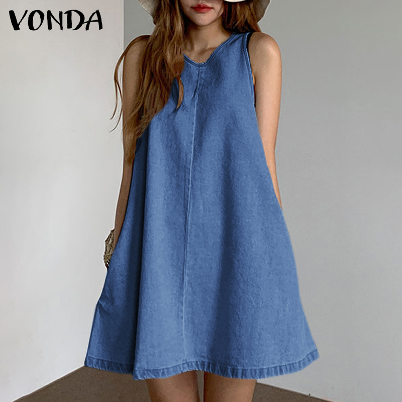 Forevercan VONDA Plus Size Women Casual Loose Sleeveless Holiday Mini Dresses Summer Fashion Denim Tank Dress
