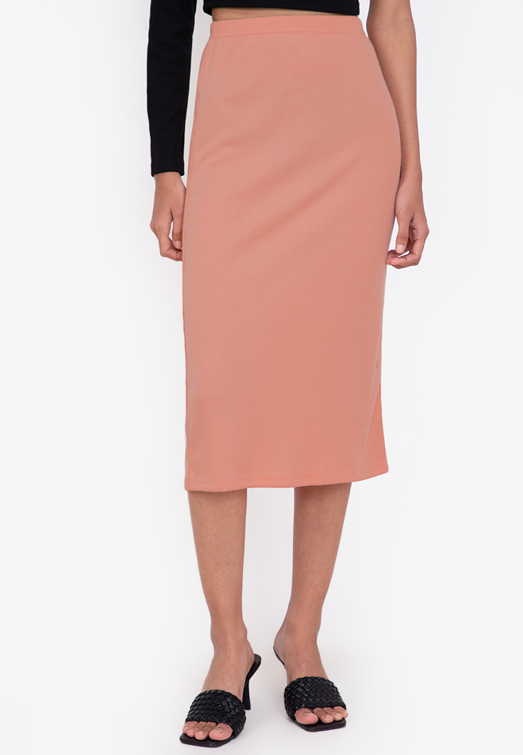 Zalora Basics - Midi Ribbed High Waist Skirt (Skirts)