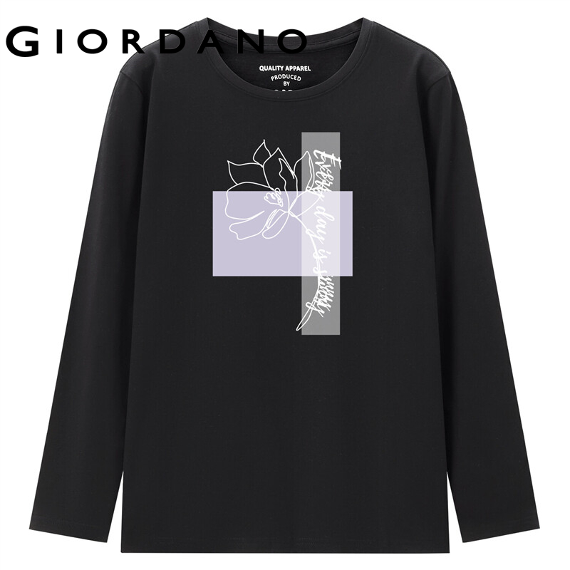 GIORDANO Women Huaxiansheng Series T-Shirts Spring Fall 100% Cotton Long Sleeve Casual T-Shirts Crewneck Print Tee 99392104