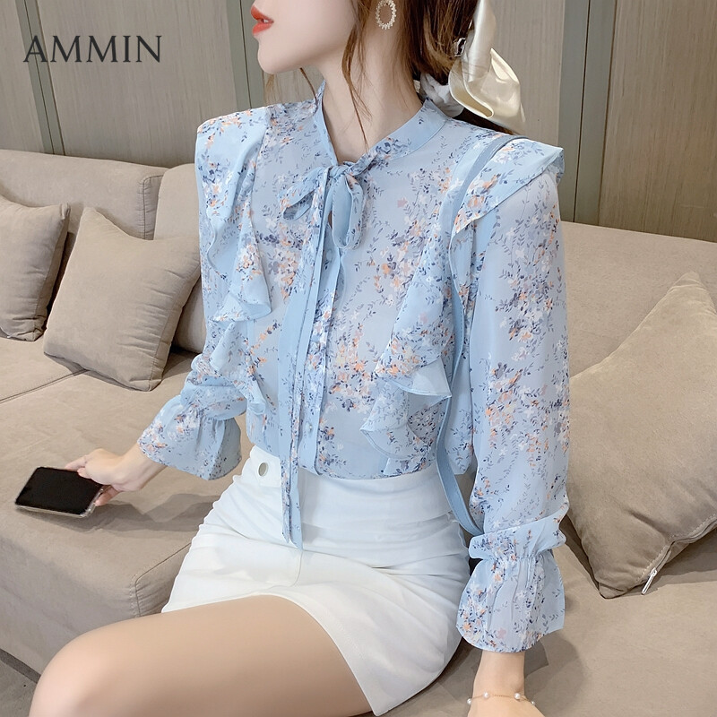 AMMIN Korean style bowknot chiffon shirt women's ruffled floral new top 2020 autumn all-match long-sleeved lace blouse