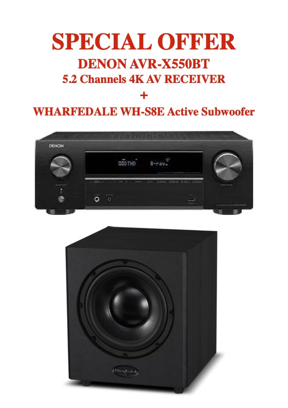 DENON AVR-X550BT with Wharfedale WH-S8E Active Subwoofer, AV RECEVIER, RECEIVER, BLUETOOTH, RADIO, FM/AM, 5.2, DOLBY