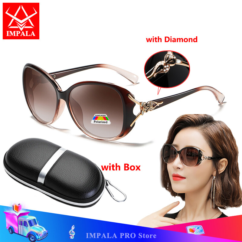 IMPALA PG102L Fashion Women Polarized Sunglasses Diamond Decorated UV Protection Anti Glare Korean Style Black Sun Glasses Resin HD Lens Women's Sunglasses with Box