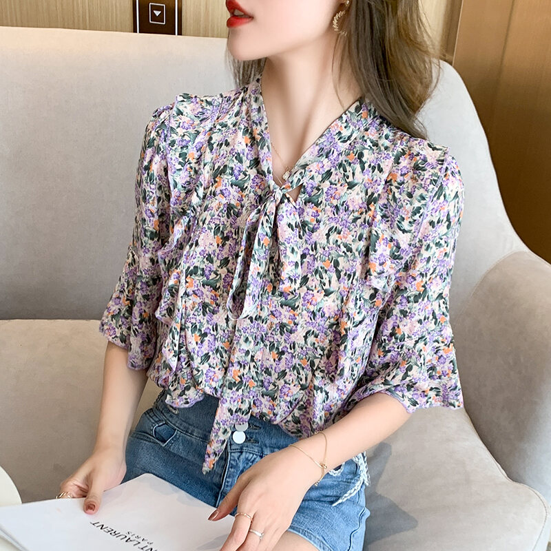 Summer Floral Bow Chiffon Shirt Loose French Style Niche Student Short-Sleeved Chiffon Shirt Women's Top