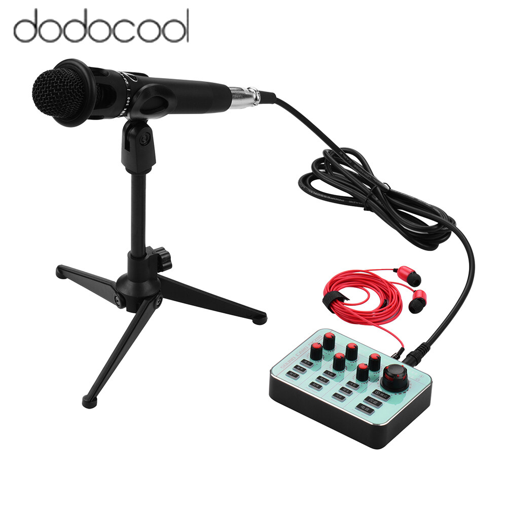 dodocool Universal Mobile Phone Computer DSP Sound Card Kit with Rechargeable Sound Card+Handheld Condenser Microphone+Wired Headset+Microphone Stand+3 Pin XLR to 3.5mm Cable+USB Charging Cable 9 Soun