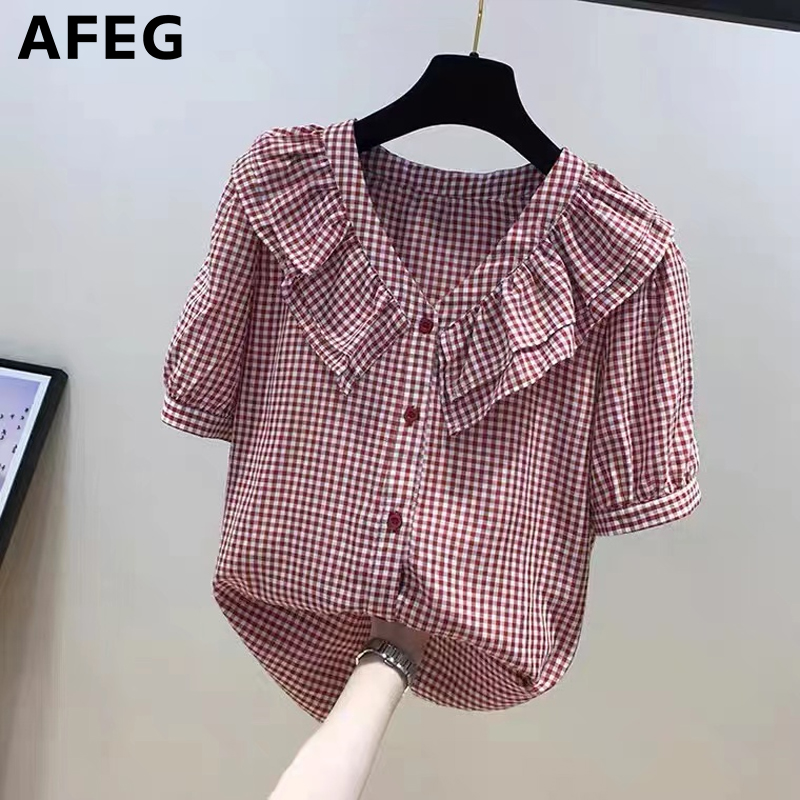 AFEG new Korean version V-neck ruffled fashion loose all-match plaid chiffon short-sleeved blouse for women