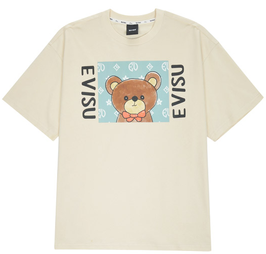 [EVISU KOREA] 100％ Authentic Unisex Backboard multiple logo loose fit Short-sleeve T-shirt