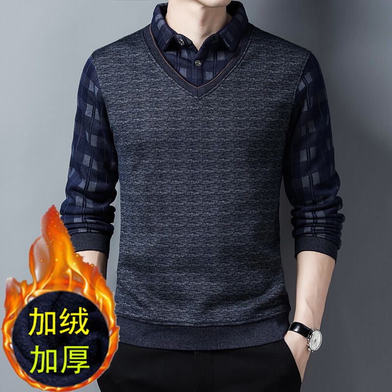 Dad Winter Fleece-Lined Thickened Sweater 40-50 Years Old 60 Men's Fake Two-Piece Sweater Middle-Aged and Elderly Warm Clothes