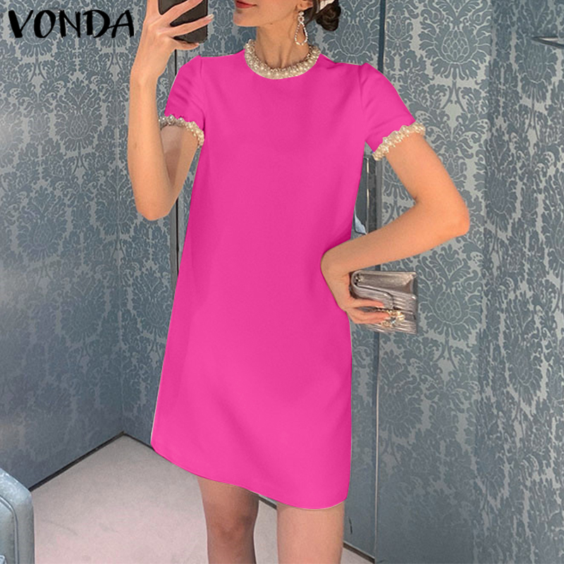 VONDA Women Casual Crew Neck Short Sleeves Pearl Embellishment H Version Short Dress (Korean Causal)