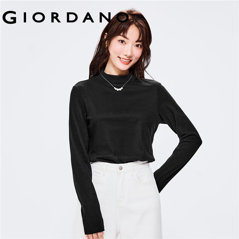 GIORDANO Women T-Shirts Mockneck Solid Color Long Sleeve Simple Basic Tee Stretchy Thermal Fleece Comfy Casual T-Shirts 05322822