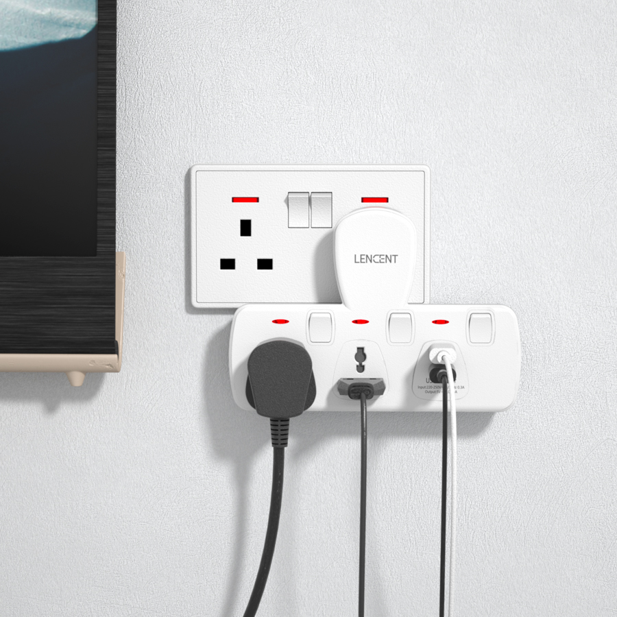 Lencent Plug Extension 4 in 1 USB Wall Plug with Individual Switches, 2 Outlets with 2 USB Ports, Multi Plug Outlet, 5V 2.1A USB Power Plug Adapter, Multiple Socket Charger Extension for Home, Office,