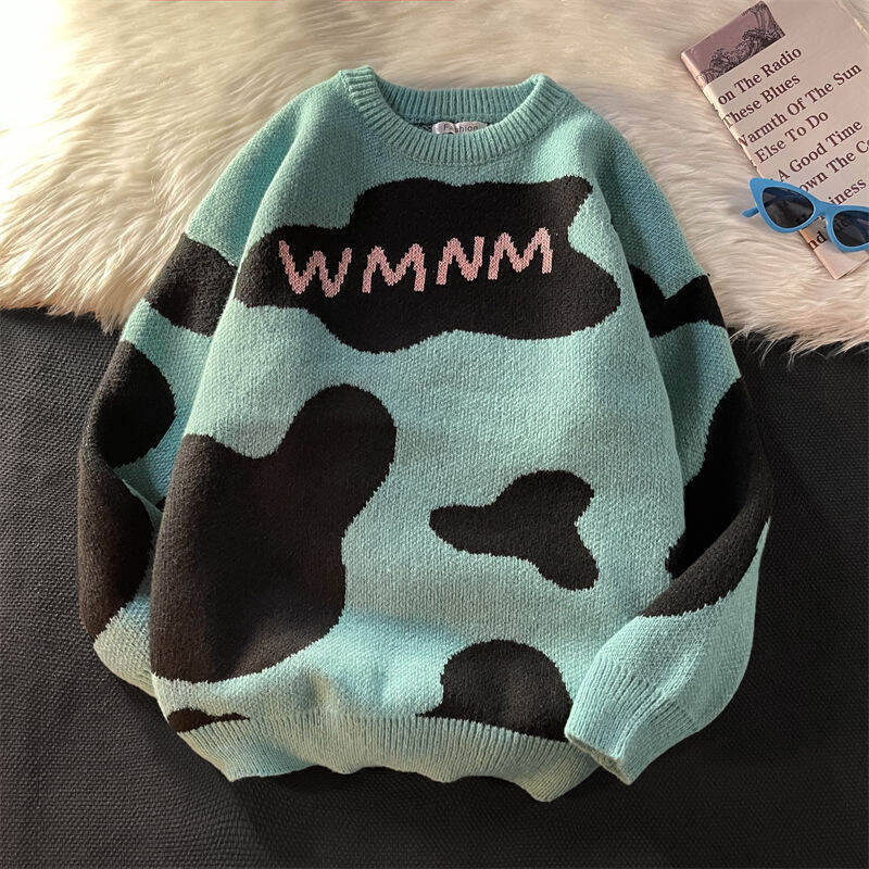 Cow Sweater Boys Winter Korean Style Trendy round Neck Sweater Loose Retro Japanese Style Lazy Style Couple Sweater