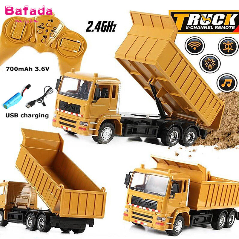 Bafada【Ready Stock】8-Channel USB charging RC cars RC Dump Truck 2.4Ghz Remote Control RC Construction Vehicle Toys for children boys Xmas birthday gifts yellow color RC Engineering truck model Beach t