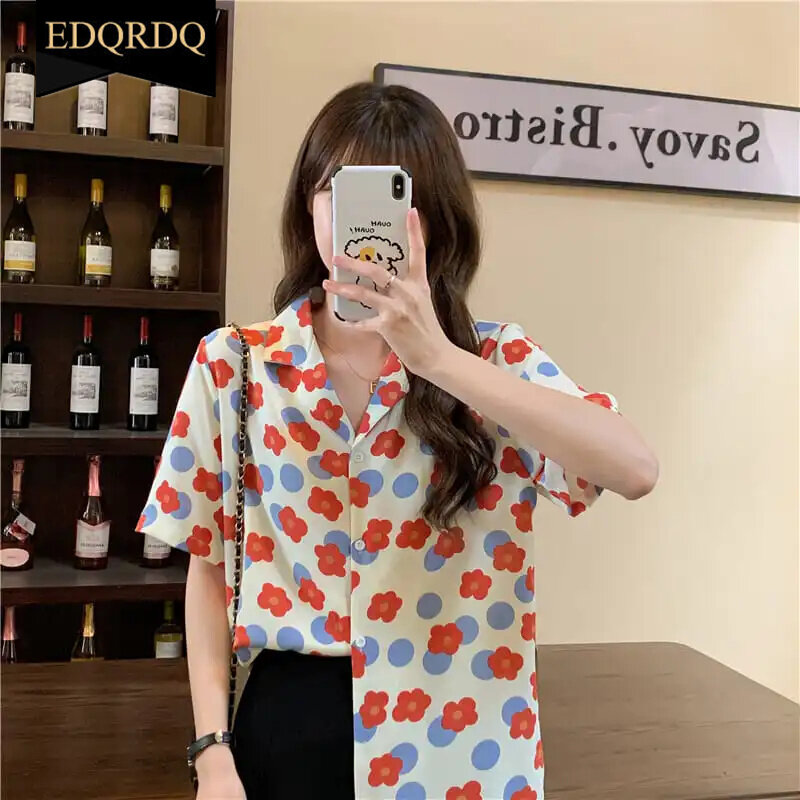 EDQRDQ Floral Shirts Summer Vintage Loose Polo Neck Casual Office Blouses