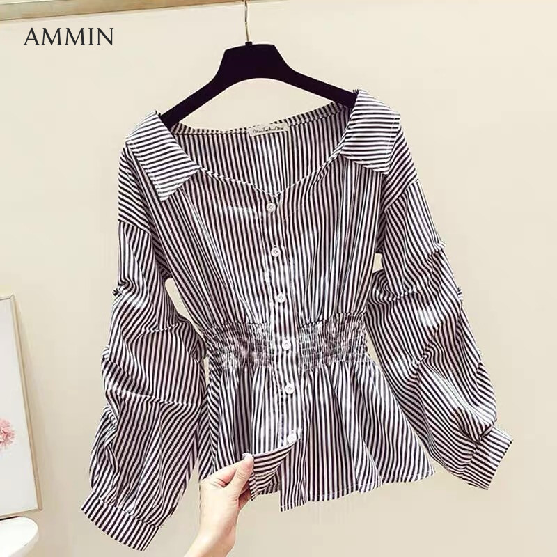 AMMIN Tops 2021 autumn new style V-neck long-sleeved button cardigan cotton shirt women's Korean version of retro Hong Kong flavor elastic waist Western-style loose lantern sleeves solid color blo