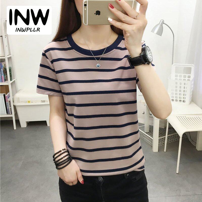 INWPLLR Women's Tshirt Fashion Short Sleeve O-neck Top Tee Casual Korean Style Stripe Tops For Women