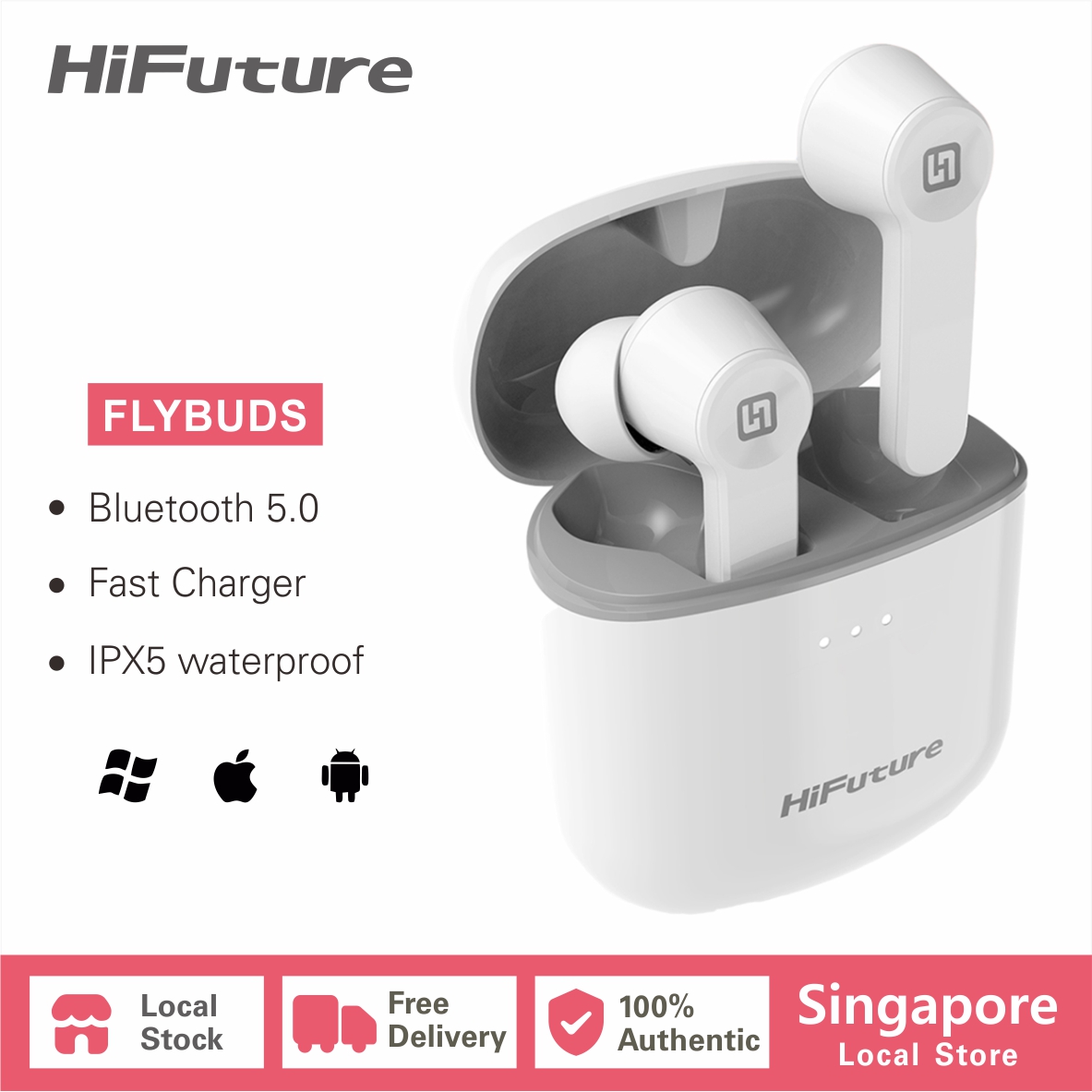 【SG Seller】HiFuture FlyBuds True Wireless Earbuds Bluetooth 5.0 Earphone Sport Music Earphones Touch Control Earbuds Noise Canceling Headset with Built-in Microphone -Pink/Green/White/Black