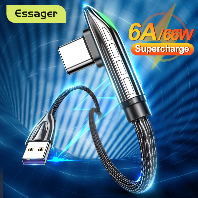Essager 6A 66W USB Type C Cable For Huawei Samsung LED 5A Fast Charging Cable For Xiaomi Vivo Oppo 0.5M/1M/2M