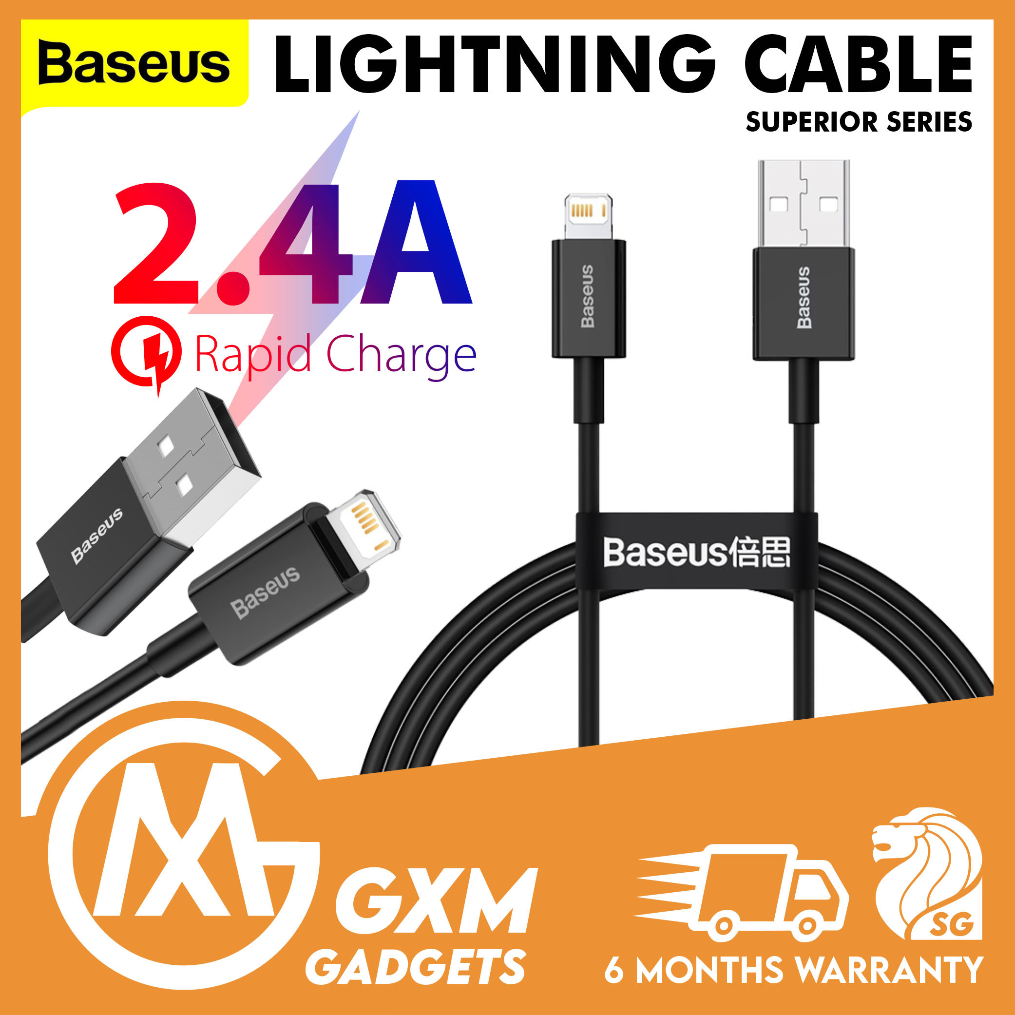 Baseus Superior Lightning 2.4A USB To Lightning iP Quick Charge Data 480Mbps TPE Anti Break Durable 1M 2M Cable