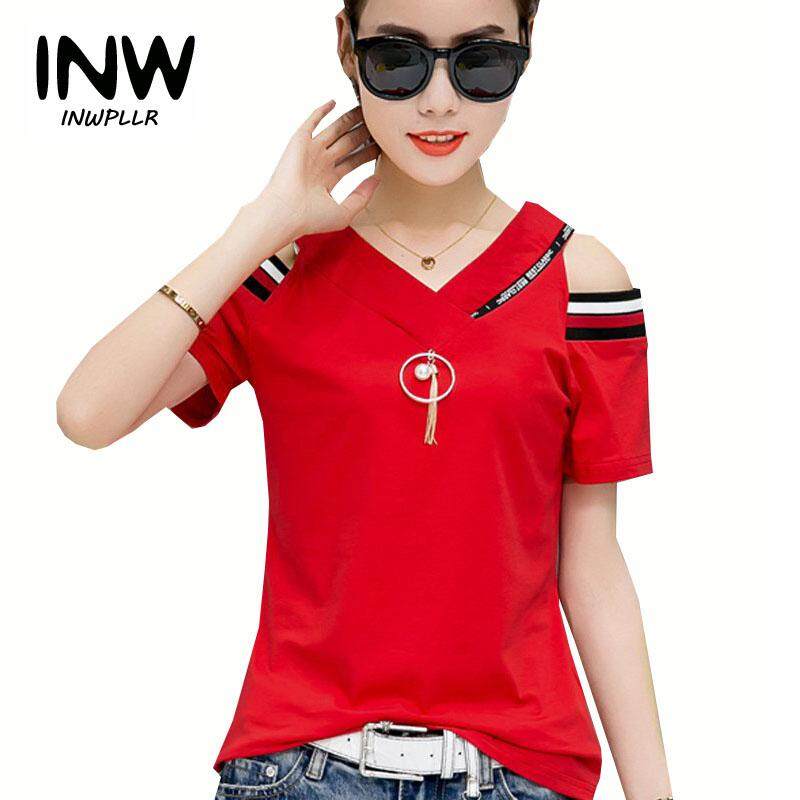 INWPLLR New Korean-style Fashion Women Short-sleeved Patchwork Tshirt Summer Top Lady T-shirts Tee Shirt V-neck Cold Shoulder Tshirts