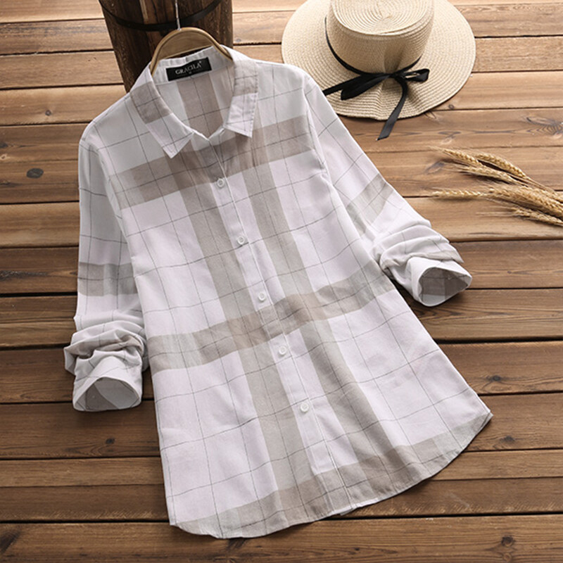 Fancystyle Gracila Women Check Plaid Long Sleeve Casual Loose Tops Shirt Blouse Plus Size
