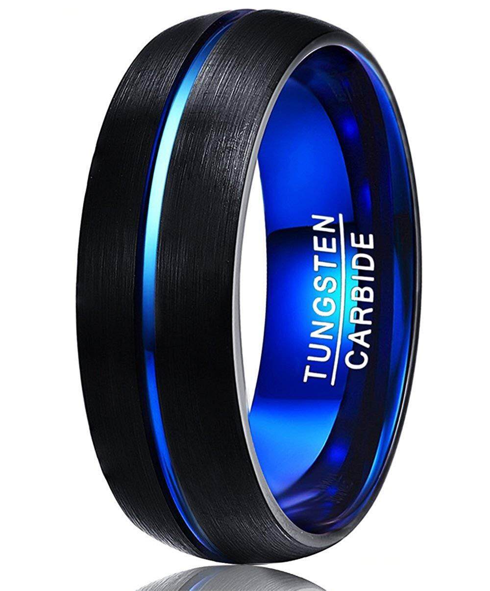 AVECON 【Support Engrave】8MM Tungsten Carbide Ring Balck and Blue Domed Brushed Finish