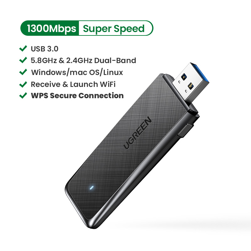 UGREEN Wifi Adapter 1300Mbps 5Ghz & 2.4GHz Dual Band USB Wifi for Laptop Desktop USB Ethernet Adapter Network Card Wifi Dongle