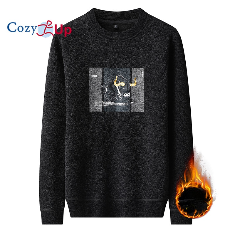 Cozy Up Long Sleeve Men Sweater Fashion Round Neck Embroidery Plus Velvet Thick Slim Knit