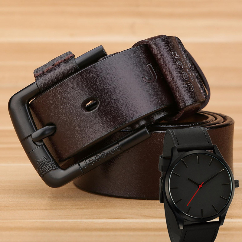 New fashion men’s Genuine Leather Buckle Belt for Men (Black) buy one get one watch