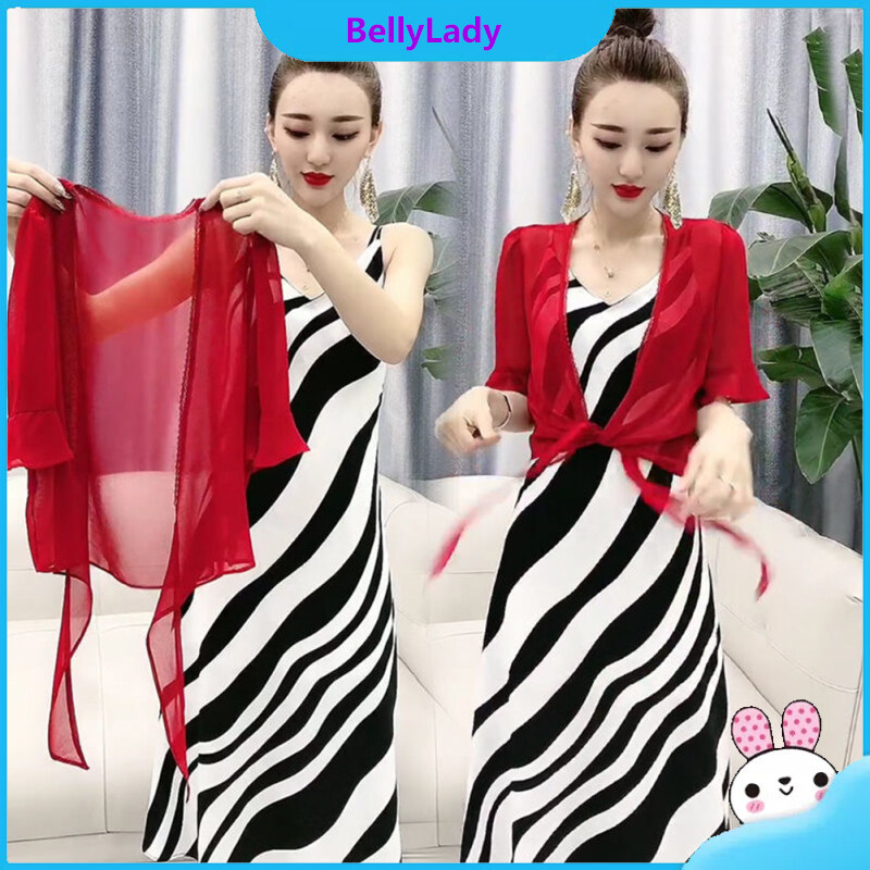 2pcs/set Women Dress Suit Fashion Striped Sleeveless Midi Skirt With Thin Shawl Two-piece Set