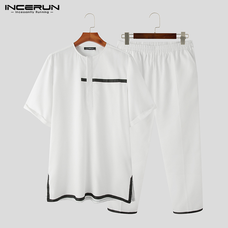INCERUN Vintage Mens Indian Casual Suit Short Sleeve Kurta Short Pants Outfit Sets (Muslim Wear)