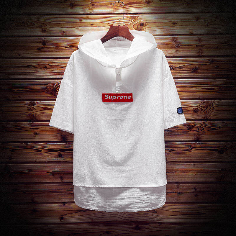 Japanese Applique Men's Summer Short Sleeve Sweater Men's plus Size Washed Cotton Hooded Half Sleeve Fashion Man T-shirt