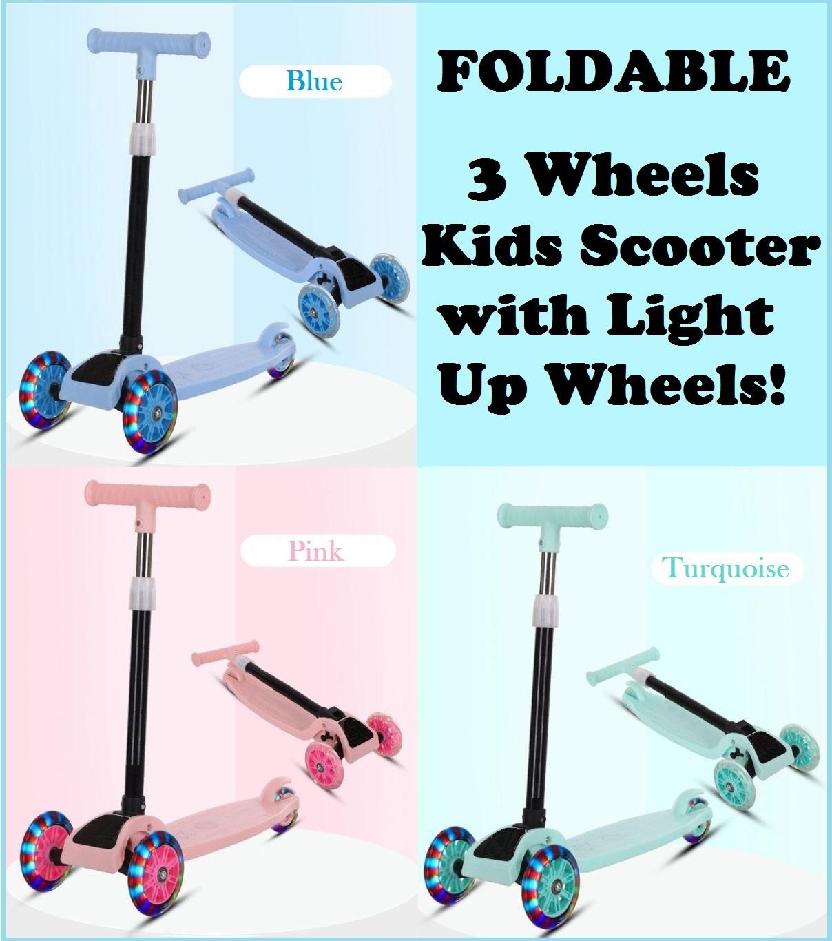 Foldable 3 Wheels Kids Scooter with Light Up Wheels. Adjustable Height. No Assembly Required