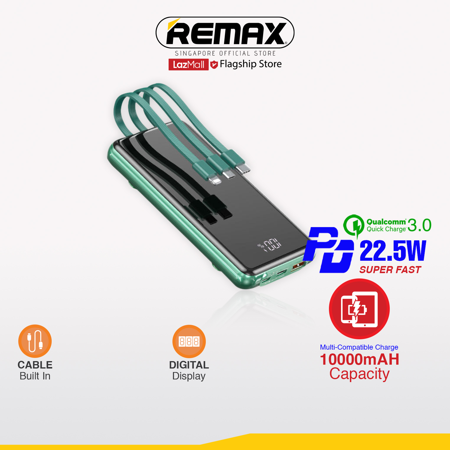 [Remax Energy] RPP-218 10000mAh with 4 USB Output Ports and 3 Build-in Cables Powerbank
