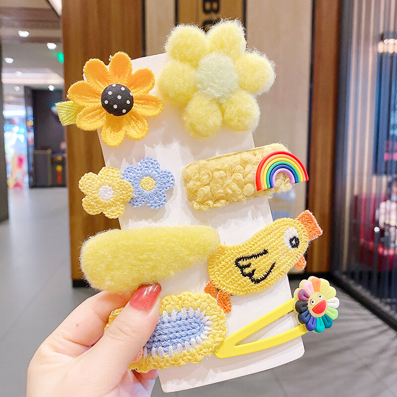 FINE TOO Cartoon Colorful Baby Kids Flower Hair Clip Set Bowknot Fruits Wool Hairpin Girls Plush Headdress Hair Accessories