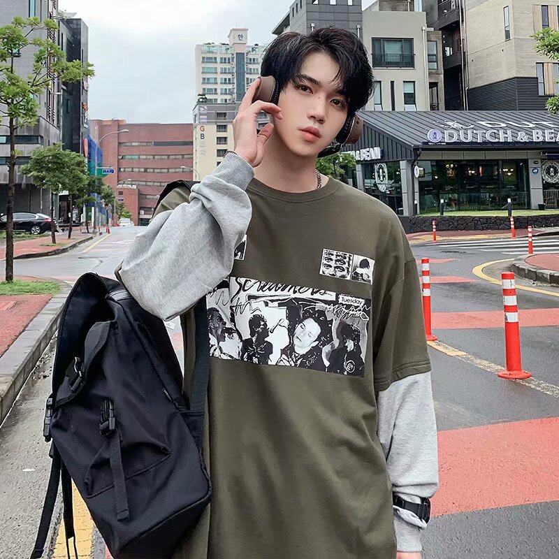t shirt Men Long Sleeve 2 in 1 Korean Style New Oversize Graphic Print Tee  Fashion Tops Loose Casual t-shirt