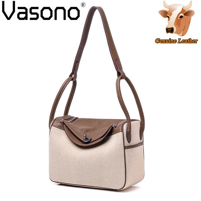 Vasono High Quality Top Grain Genuine Cow Leather + Cloth Women Top-Handle Bag Lady Single Shoulder Bag