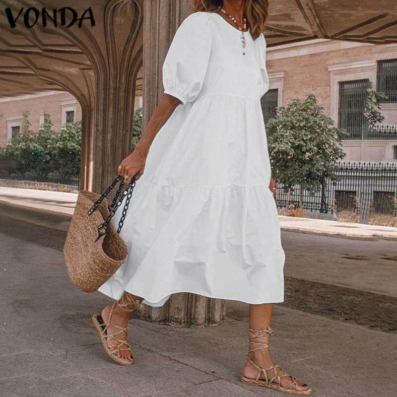 VONDA Women Shirt Dress Elegant Sundress Puff Sleeve Midi Tunic Dress Party Prom Dress (Plus Size)