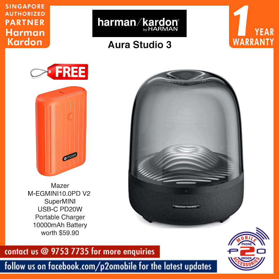 Harman Kardon Aura Studio 3 Bluetooth Speaker [FREE Mazer M-EGMINI10.0PD V2 SuperMINI USB-C PD20W Portable Charger 10000mAh Battery (Smaller than Credit Card Size) worth $59.9]