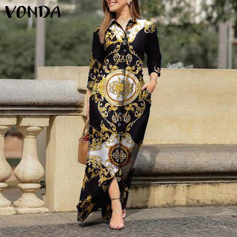 VONDA Womens Vintage Printed Shirt Dress Long Sleeve Floral Tunic Dress T-Shirt Dress (Western Causal)