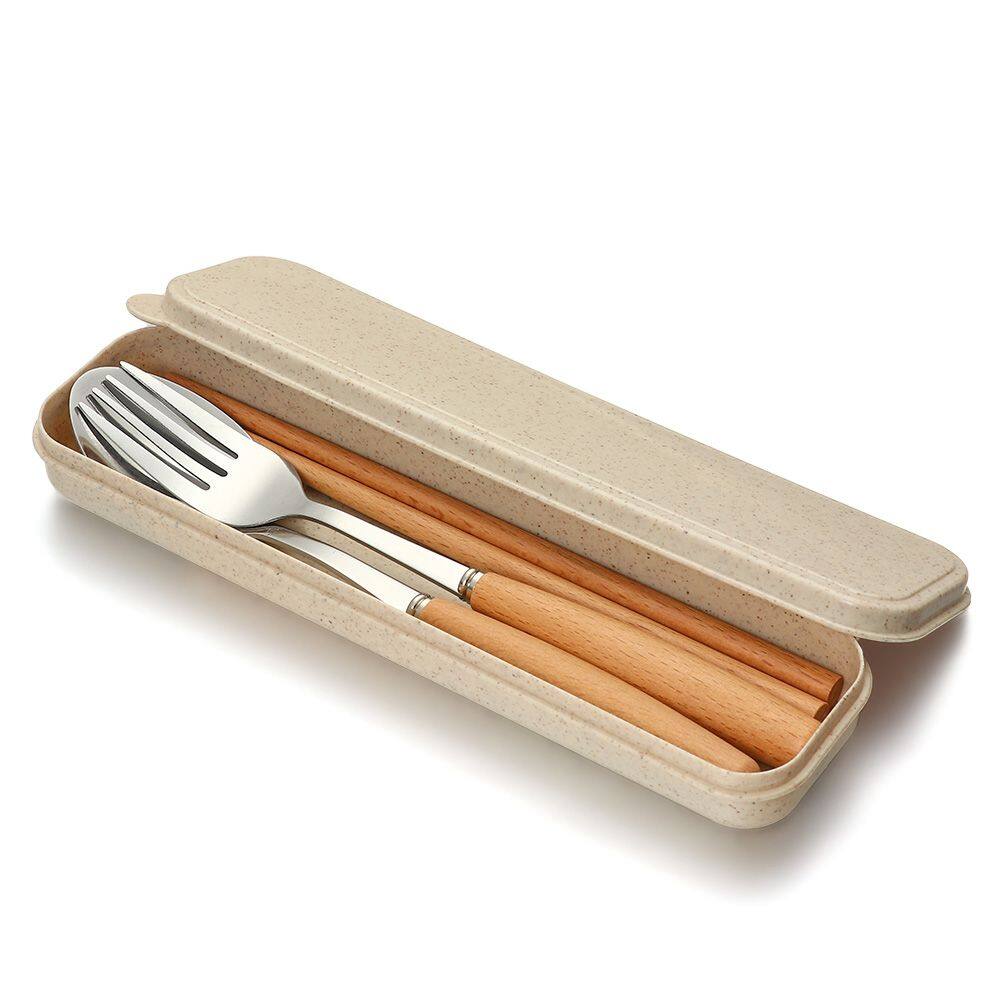 YH4F 3pcs Outdoor Travel Spoon Wooden Handle Stainless Steel Fork Utensils Tableware Flatware Set Cutlery Set