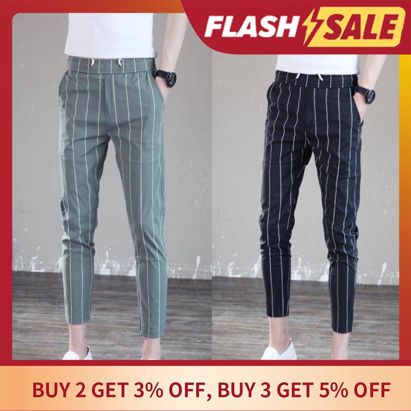 Korean Version Slim Fashion Casual Trend Vertical Stripes Nine Points Beam Trouser Pants for Young Men