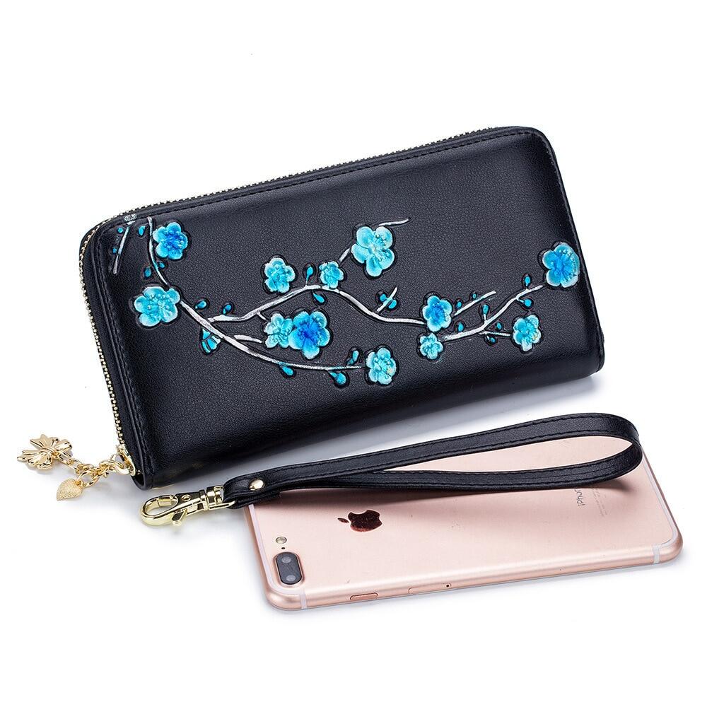 RFID Blocking New Genuine Leather Women Card Holder Clutch Bag 3D Plum Flower Printed Lady Coin Wallet Purse