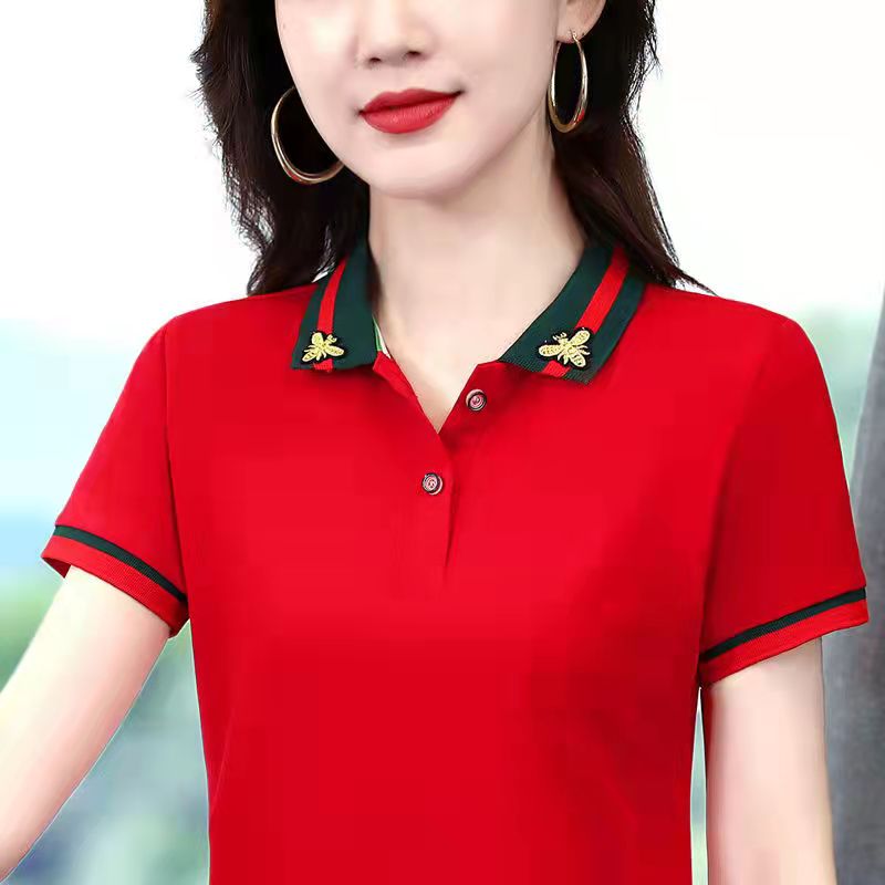 Retro Embroidery Casual Sport Short Sleeve Polo Shirt for Women Lapel T-shirts Stretch Classic Korean Style polo tee Female short sleeve Shirt Plus Size 100KG Fat Lady Can Wear