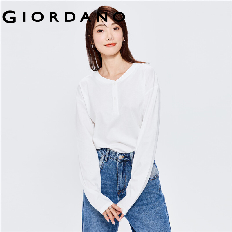 GIORDANO Men T-Shirts Ribbed Henley-Neck Classic Plain Color T-Shirts Long Sleeve 100% Cotton Simple Basic Casual Tee 13322760