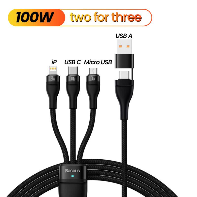 Baseus 1.2m 100W  3 in 2  USB Cable For iPhone 14 13 Pro Max PD USB Type C Cable For Xiaomi Samsung Huawei  5A Fast Charging USB-C Micro USB Wire Cord