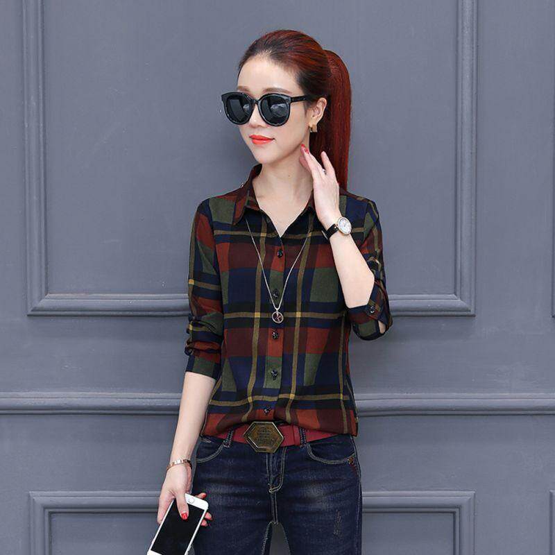 Korean Fashion Plaid Shirt Women New Long Sleeved Blouse